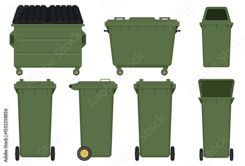 Different types of trash containers in various sizes, from large dumpsters to smaller wheeled bins, are displayed on a white background.