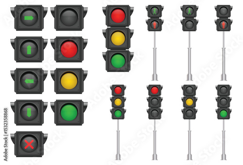 Various traffic lights are displayed in a neat arrangement on a white background, showcasing different states and configurations.