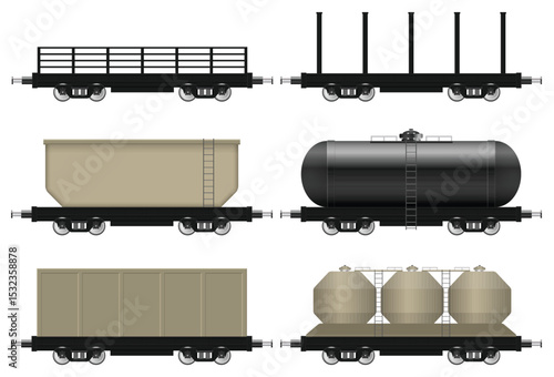 An illustration depicting different railroad cars designed for specific transport purposes, against a plain backdrop to emphasize their design.