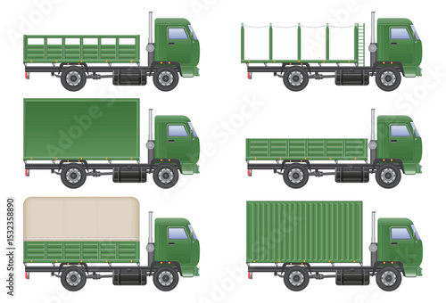 Green trucks with various cargo beds showcase versatility for transportation in different configurations, demonstrating logistical solutions.