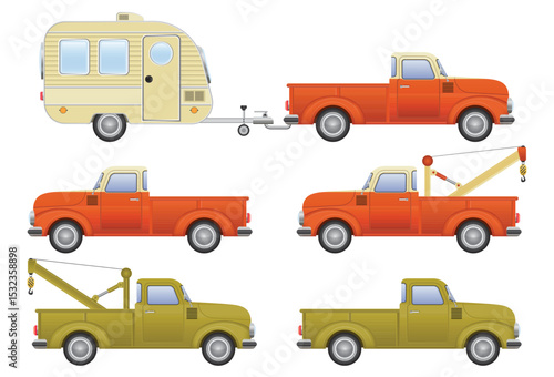 An illustration of different types of trucks and a trailer, featuring flatbed and tow trucks, perfect for showcasing vehicle variety.