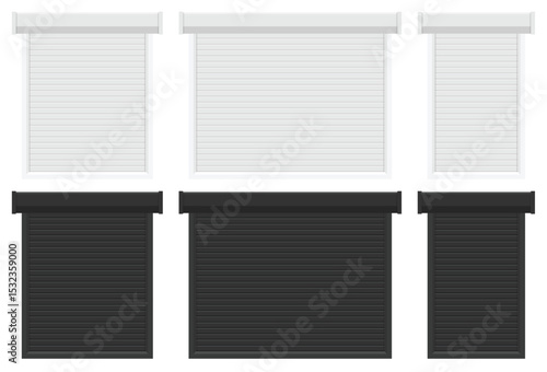 Overhead doors: white and black, rolled up or down for entrances to garages, loading docks, storage, protecting buildings from weather.