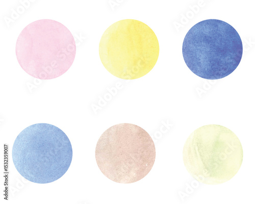 Watercolor circles in soft pastel colors. Six watercolor circles displayed on a white background. Colors include pink, yellow, and blue.