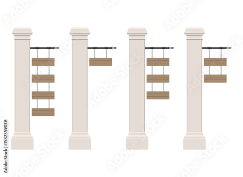 Four classical columns support hanging wooden signs with varying numbers of levels, suspended by delicate chains and black iron rods.