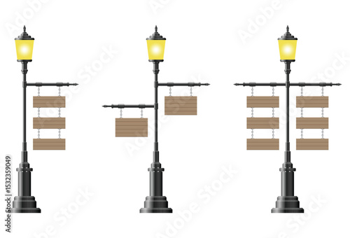 Three vintage streetlights with wooden signboards hanging from chains, illuminated against a stark white background. Lighting the way.