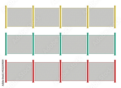 Colorful fence sections with interconnected diamond mesh in red, green, and yellow, arranged in horizontal rows on a white background.