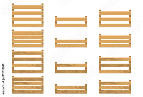 Vector illustration showcases an assortment of wooden crates, each varying in size and slat quantity, set against a clean white background.