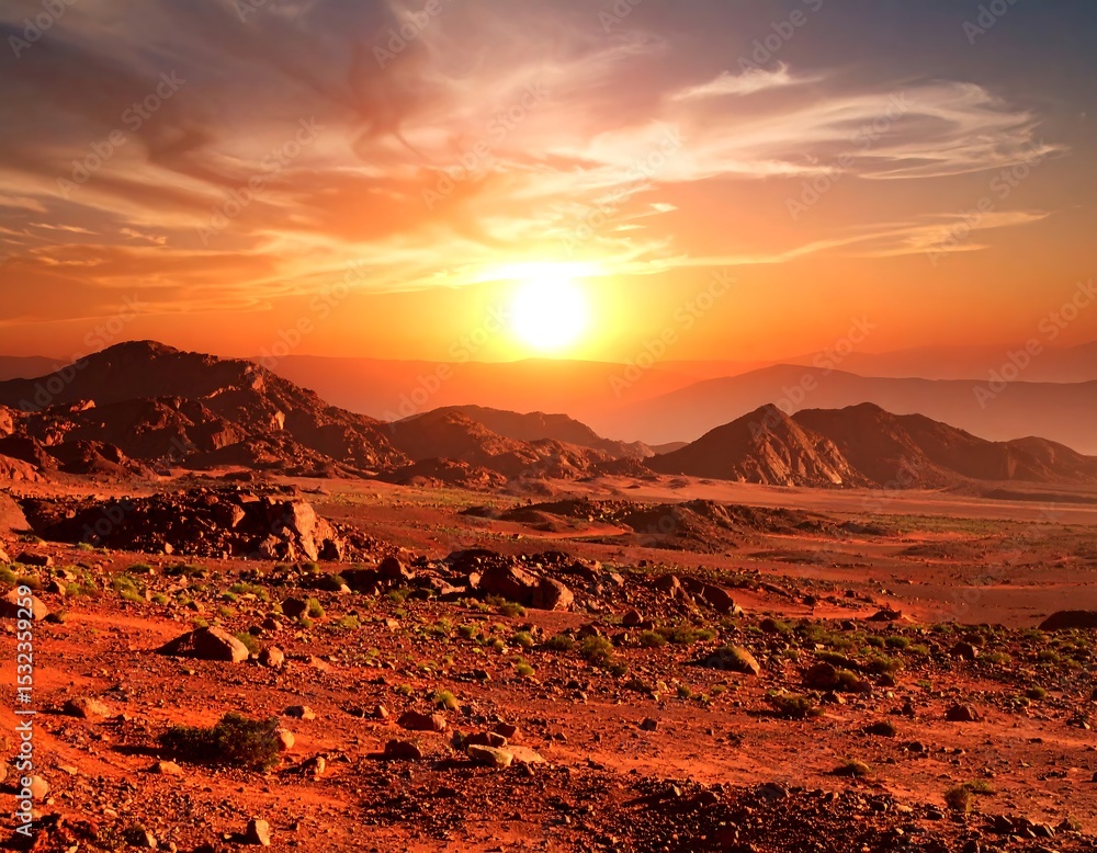 Fototapeta premium Dramatic desert sunset over rugged mountains