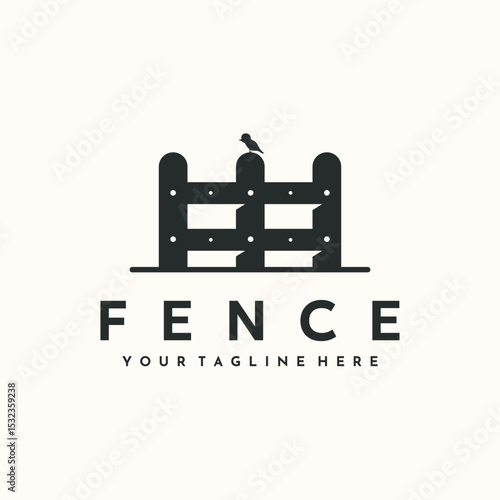 fence and perch bird vintage logo vector minimalist illustration design, fence wall symbol  design