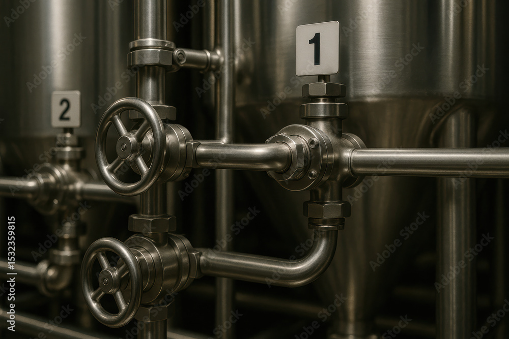 Fototapeta premium Industrial brewery equipment with numbered stainless steel pipes and valves
