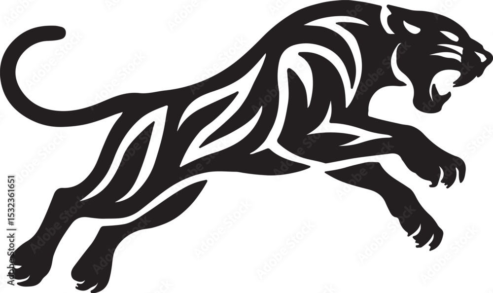 Obraz premium tiger, wildlife, animal silhouette, vector illustration, black and white, fierce tiger, roaring tiger, jungle predator, big cat, ferocious, strength, power, wild animal, tiger design, graphic elements