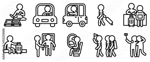 Travel and camping activity icon set. Line outline style