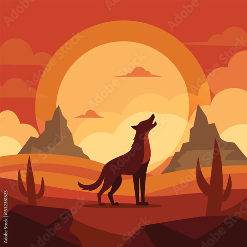 dog howling at sunset desert scene vector