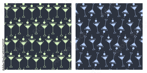 Martini Glasses Neon Shades yellow and blue and cherry berry Seamless Pattern Barmen Day Background