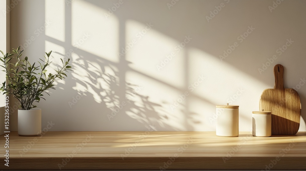 Fototapeta premium A simple, warm kitchen scene to show off your product. Features a light wood counter, white wall, plant, candle, and a Japanese style. Perfect for a cozy, clean display. 