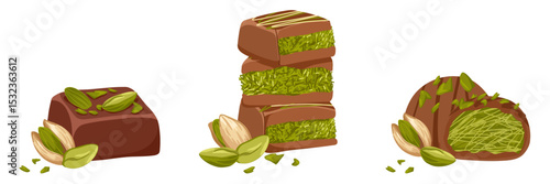 Dubai chocolate candy with pistachio paste and kataifi dough. Hand drawn vector sweets with milk chocolate and pistachio nut kernel for confectionery packaging, menu, catalog spreads, product cards