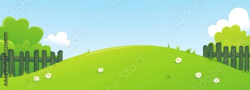 Serene Green Hill Landscape with Wooden Fences and White Flowers