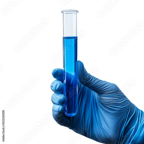 Gloved hand holding test tube with chemical or medical sample isolated on white background