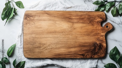 A wooden cutting board sits on a linen cloth with leaves around it. It's on a marble surface, seen from above.
