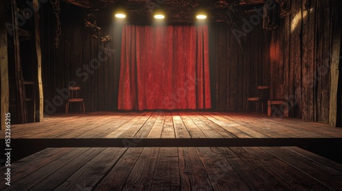A wooden stage is lit by a spotlight. A red curtain is behind it. It looks very real.
