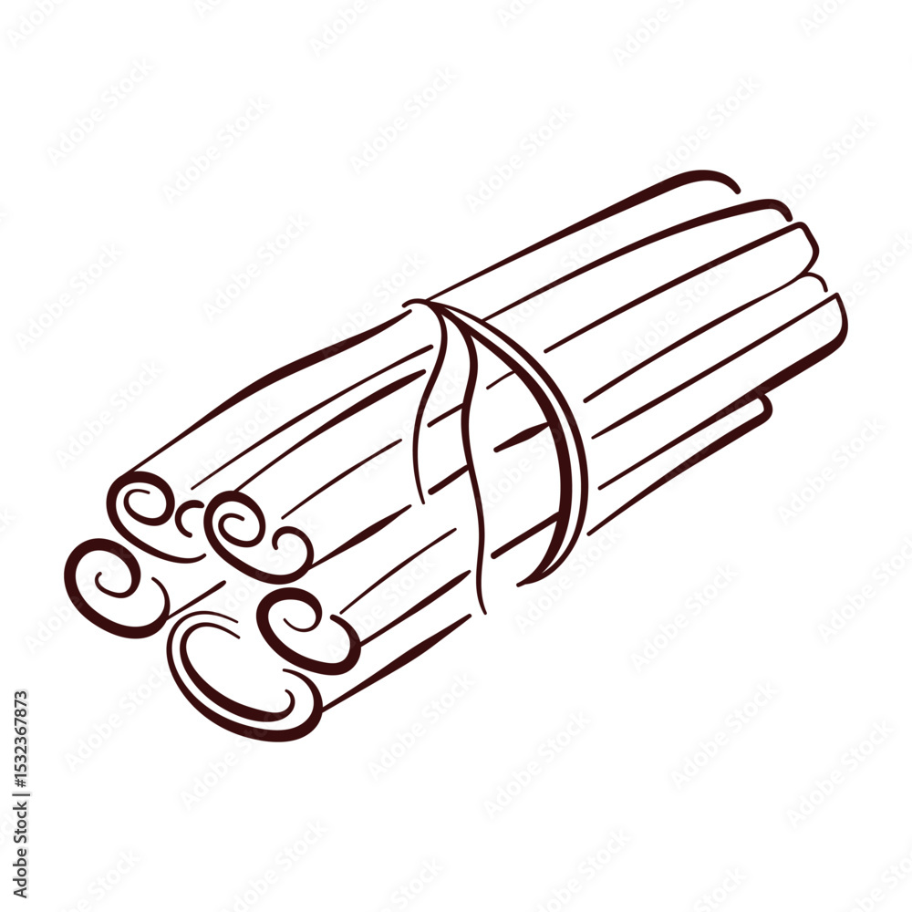 Cinnamon sticks bundle tied with string in line art style. Ideal for spice packaging, culinary decoration food recipe and vintage kitchen design. Cinnamon sticks bundle tied with string in line art style. Ideal for spice packaging, culinary decoration food recipe and vintage kitchen design.