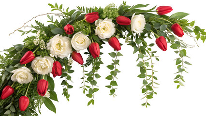 Elegant floral arch with red tulips and white roses, romantic flower arrangement with green eucalyptus leaves, decorative wedding bouquet border