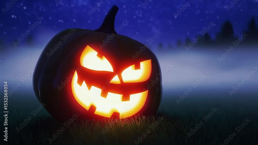 Halloween pumpkin carved with a menacing grin emits a glowing light at night among fog and trees Halloween pumpkin carved with a menacing grin emits a glowing light at night among fog and trees