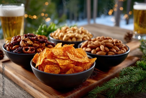 Gathering around snacks and drinks during a cozy winter evening with friends outdoors in front of festive lights