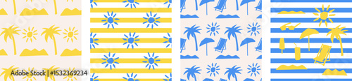 Tropical summer shapes seamless pattern set. Modern Tropical design with palm trees, stripes, and sun motifs in yellow and blue for paper, cover, fabric and other users