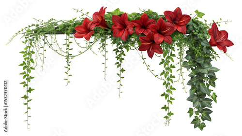 Cascading Floral Arrangement with Deep Red Amaryllis and Lush Greenery