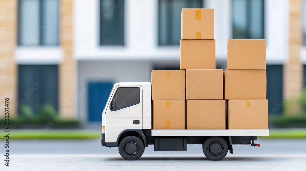 Delivery Truck Transporting Cardboard Boxes on Road in Urban Environment with Residential Building in Background Delivery Truck Transporting Cardboard Boxes on Road in Urban Environment with Residential Building in Background