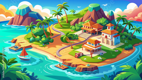 Vacation background shines in a travel concept full of color. Aerial drone view captures beautiful Caribbean tropical island, lined with palms and glowing turquoise water—perfect for banner wide forma