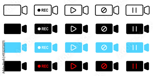 video camera icon set record camcoder film sign symbol pouse play buttons collection online multimedia television app website interface cyberspace