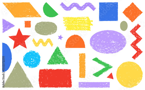 crayon color pencil shape set hand drawn pastel sketch texture kid geometric doodles shape circle triangle square childish figures vignetting organic elements chalk charcoal