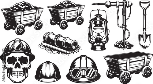 Sturdy Mining Tool Silhouette Ensemble, a Gritty Labor Art Design, Ideal for Coal Mine Decor and Underground Work Illustration