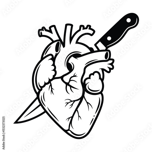 Anatomical heart pierced by knife graphic design