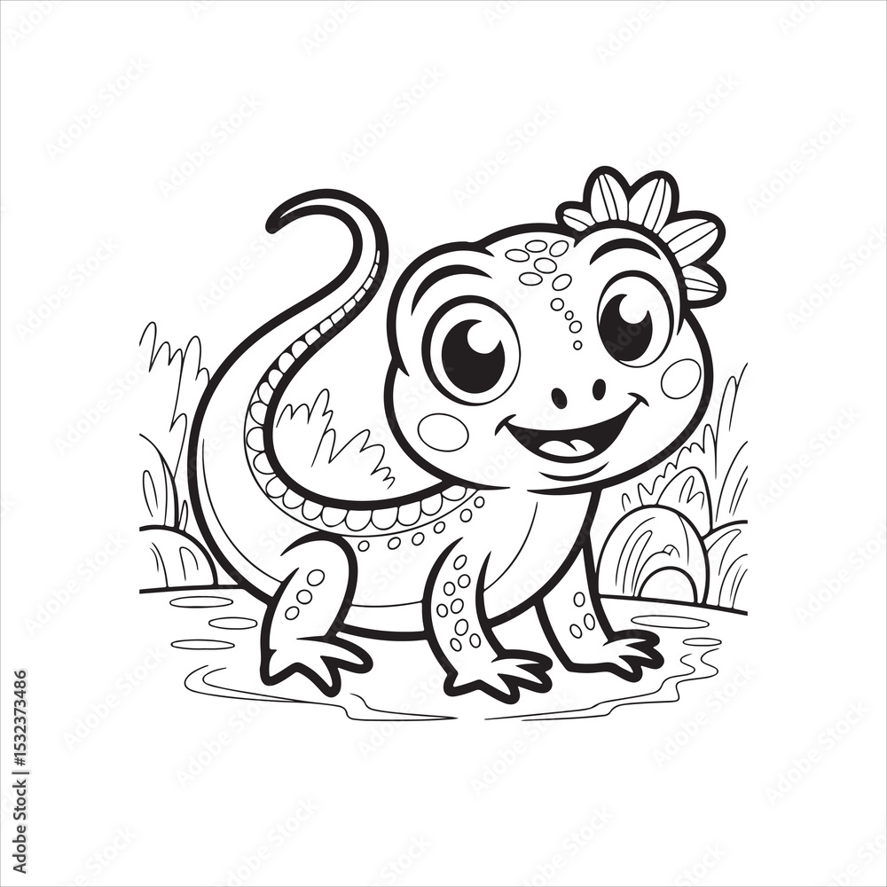 Naklejka premium Cartoon Lizard Line Art Vector Illustration,Simple Lizard Outline Drawing for Kids,Hand Drawn Lizard Vector in Black and White,Cute Reptile Line Art for Coloring Books,Lizard Animal Outline Clipart