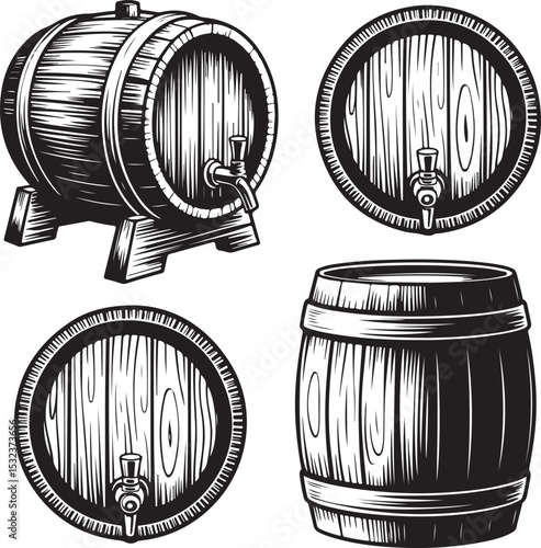 Barrel Silhouette Set with Wooden Grain for Tavern Decor and Ale Storage Illustration