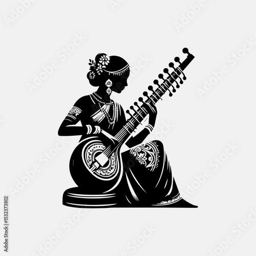 Classical Indian sitarist vector emblem showcasing cultural musician with flowing hand movements and authentic instrument details