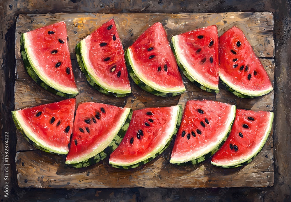 Juicy watermelon slices placed on a wooden board, showcasing their refreshing red pulp, perfect for summer Juicy watermelon slices placed on a wooden board, showcasing their refreshing red pulp, perfect for summer