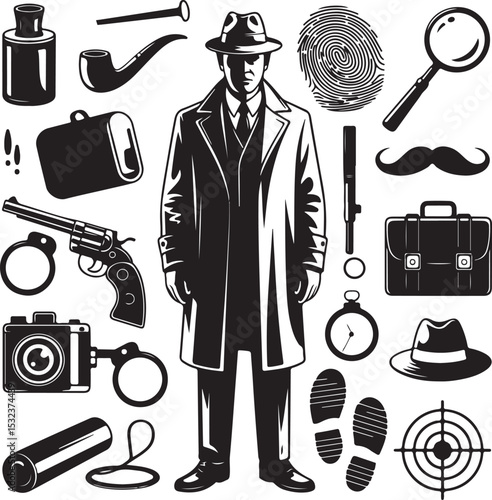 Detective Item Silhouette Array, a Sleuthing Art Design, Perfect for Crime Scene Decor and Investigation Illustration