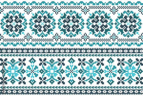 Pixel art embroidery pattern. Repeating Ukraine ornament pattern design with floral. Detailed Vector, white background. For use as neckline embroidery, border design, print, textile, carpet.