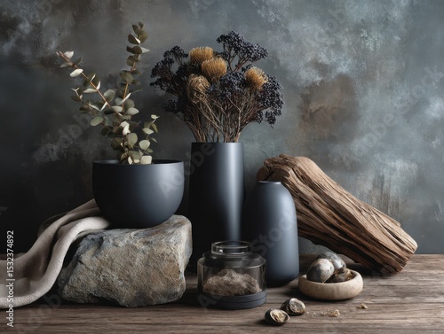 Elegant Still Life: A sophisticated still life arrangement features serene vases, textured natural elements, and subtle colors creating a moment of zen-like tranquility.