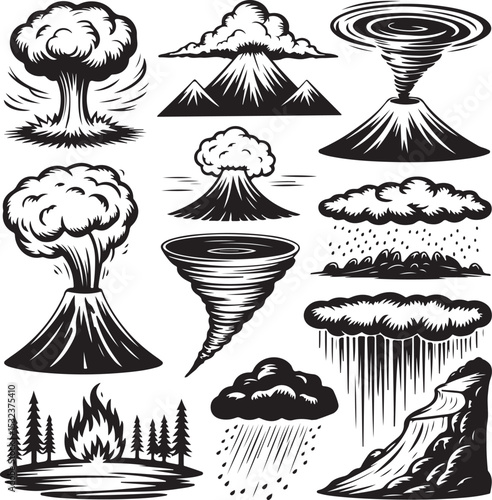 Dramatic Weather Element Silhouette Set with Volcanoes, a Powerful Nature Art Design, Perfect for Stormy Sky Decor and Climate Illustration