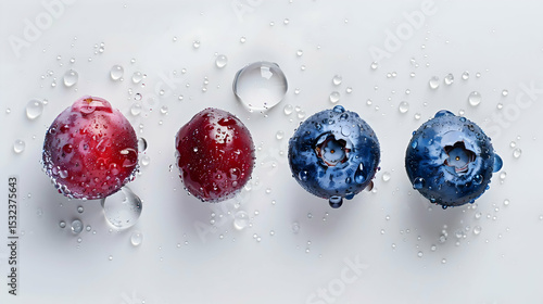 Meditative spread of green and black olives on branch placed on frosted glass surface with icy tones and tiny moisture droplets under soft backlighting for crisp ethereal detailing