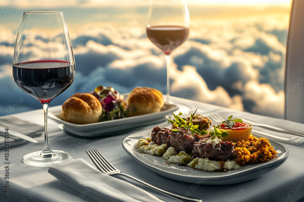 Gourmet meal served above the clouds with red wine sunset view Gourmet meal served above the clouds with red wine sunset view