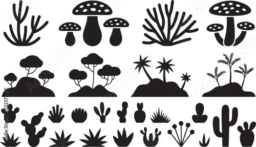 Mushroom and Cacti Silhouette Ensemble, a Vibrant Desert Nature Art Design, Perfect for Garden Decor and Unique Plant Illustration