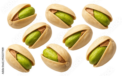 Open pistachio nuts with vibrant green kernels and beige shells.