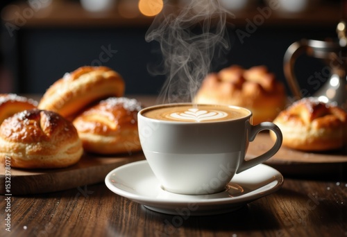 Hot coffee with steam served in a white cup on a wooden table with baked pastries in the background