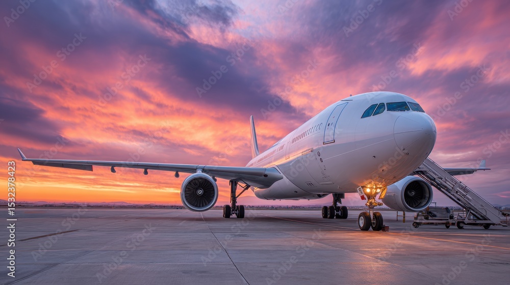 An airplane stands on the tarmac, illuminated by the soft glow of the sunset. Vibrant colors fill the sky, creating a picturesque backdrop for the aircraft preparing for evening flights An airplane stands on the tarmac, illuminated by the soft glow of the sunset. Vibrant colors fill the sky, creating a picturesque backdrop for the aircraft preparing for evening flights